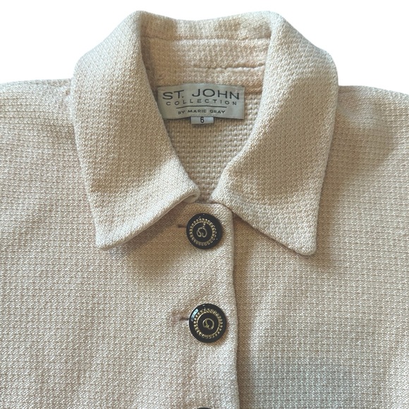 ST. JOHN ivory w/gold accents short sleeve button front jacket w/ collar sz 6 - Picture 2 of 9